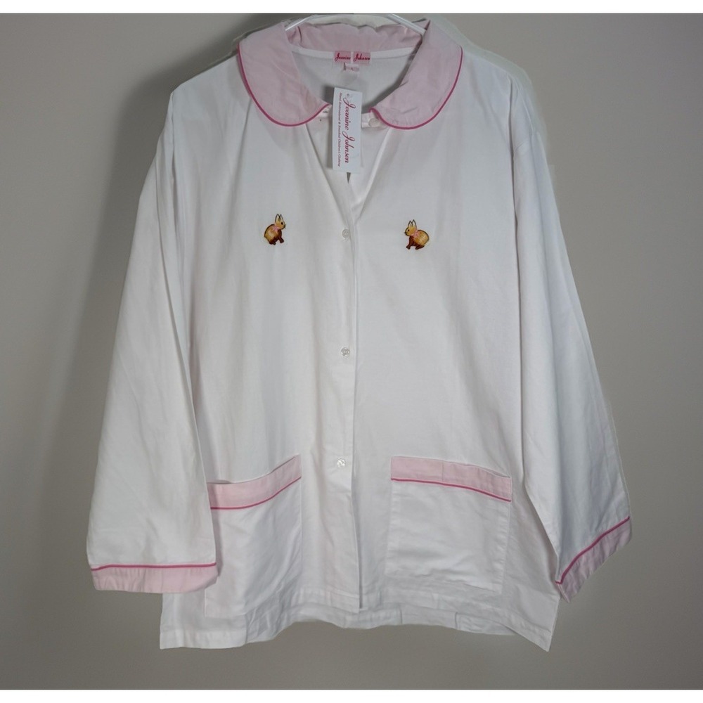 NWT Lounge Set Womens Sz L White Oxford Cotton Pink Trim Hand Embroidered Bunny